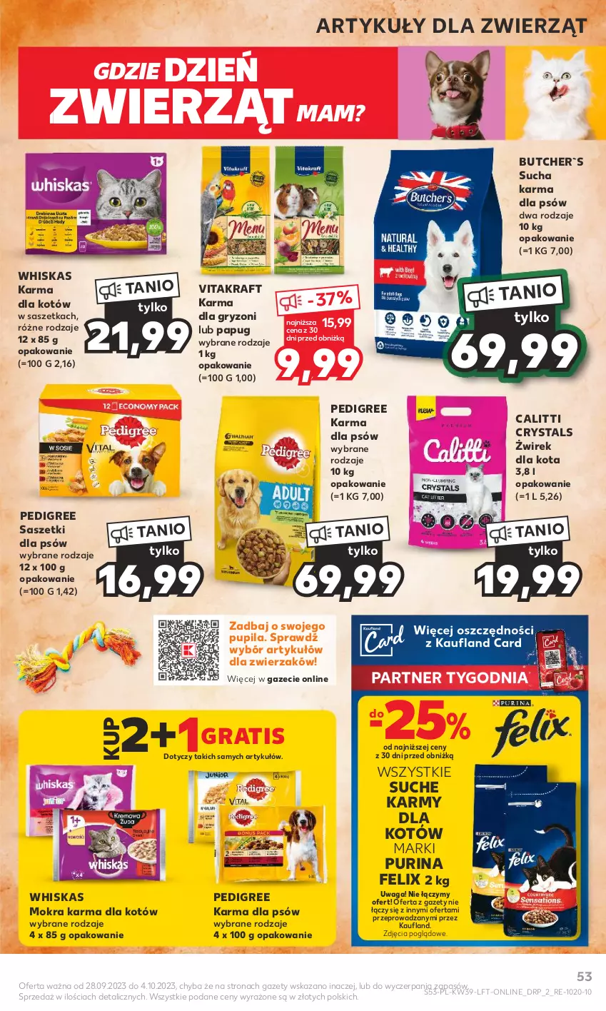 Gazetka promocyjna Kaufland - Gazetka tygodnia - ważna 28.09 do 04.10.2023 - strona 53 - produkty: Felix, Gra, Gry, Karma dla gryzoni, Mokra karma, Pedigree, Pur, Purina, Sucha karma, Vitakraft, Waga, Whiskas