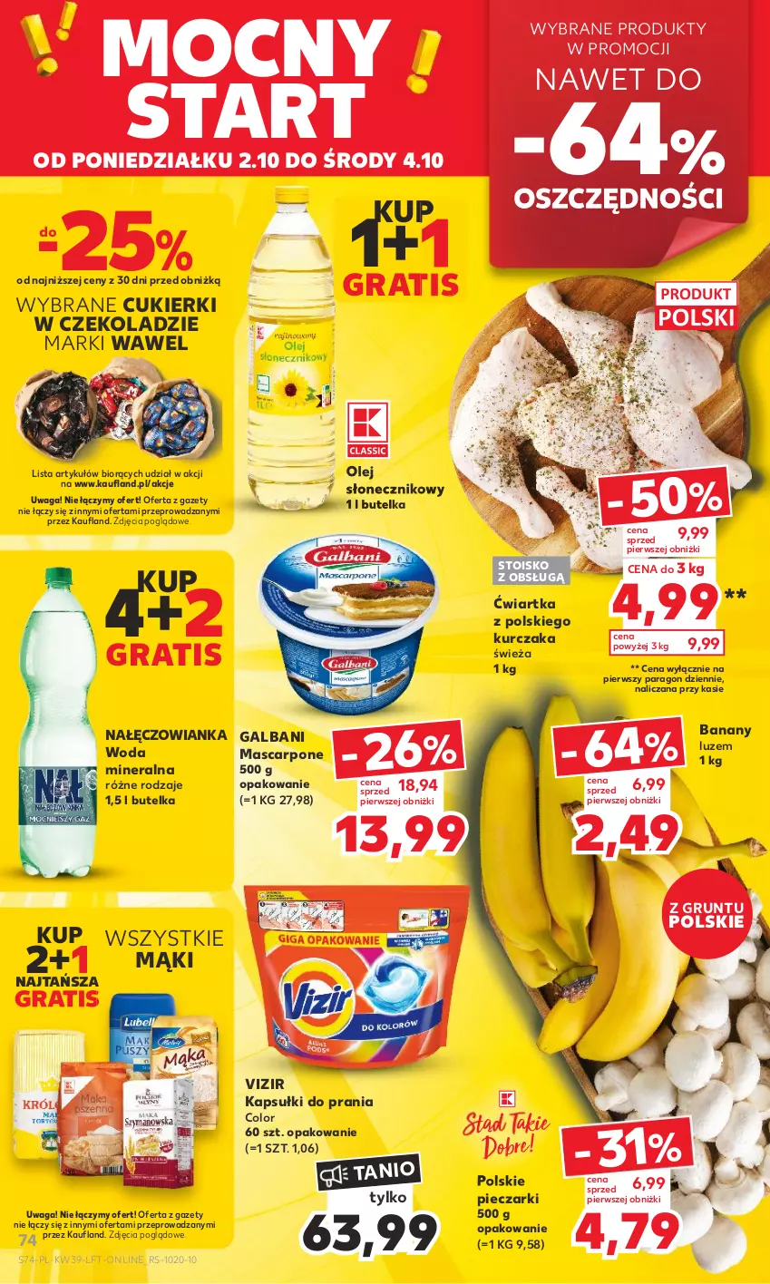 Gazetka promocyjna Kaufland - Gazetka tygodnia - ważna 28.09 do 04.10.2023 - strona 74 - produkty: Banany, Cukier, Cukierki, Galbani, Gra, Grunt, Kapsułki do prania, Kurczak, Mascarpone, Nałęczowianka, Olej, Olej słonecznikowy, Piec, Vizir, Waga, Wawel, Woda