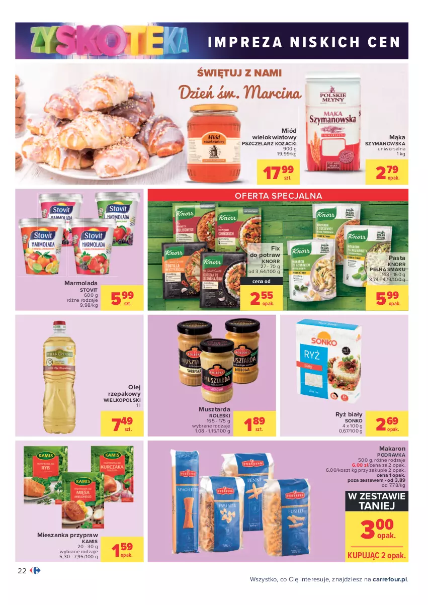 Gazetka promocyjna Carrefour - Gazetka Carrefour Zyskoteka - ważna 26.10 do 07.11.2021 - strona 22 - produkty: Kamis, Knorr, Kosz, Mąka, Makaron, Marmolada, Miód, Mola, Mus, Musztarda, Olej, Olej rzepakowy, Podravka, Ryż, Ryż biały, Sonko