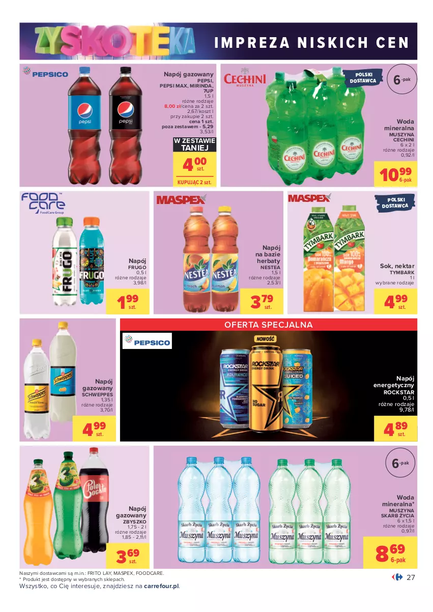 Gazetka promocyjna Carrefour - Gazetka Carrefour Zyskoteka - ważna 26.10 do 07.11.2021 - strona 27 - produkty: 7up, Kosz, Mirinda, Mus, Napój, Napój energetyczny, Napój gazowany, Nektar, Nestea, Pepsi, Pepsi max, Schweppes, Sok, Szyna, Tymbark, Woda, Woda mineralna