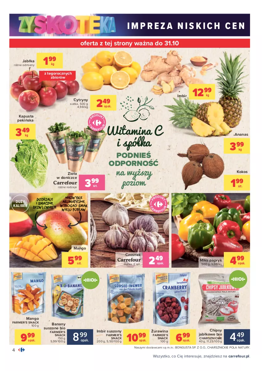 Gazetka promocyjna Carrefour - Gazetka Carrefour Zyskoteka - ważna 26.10 do 07.11.2021 - strona 4 - produkty: Ananas, Banany, Chipsy, Cytryny, Czosnek, Fa, Imbir, Jabłka, Kokos, Mango, Półka, Por, Siatka, Zioła w doniczce