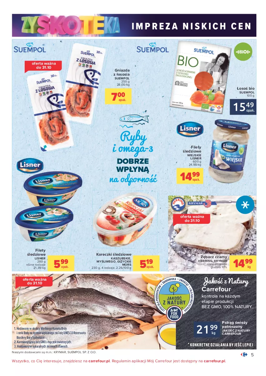 Gazetka promocyjna Carrefour - Gazetka Carrefour Zyskoteka - ważna 26.10 do 07.11.2021 - strona 5 - produkty: Glazura, Karmi, Koreczki śledziowe, Lazur, Lisner, Omega-3, Por, Pstrąg, Sos, Stek, Suempol