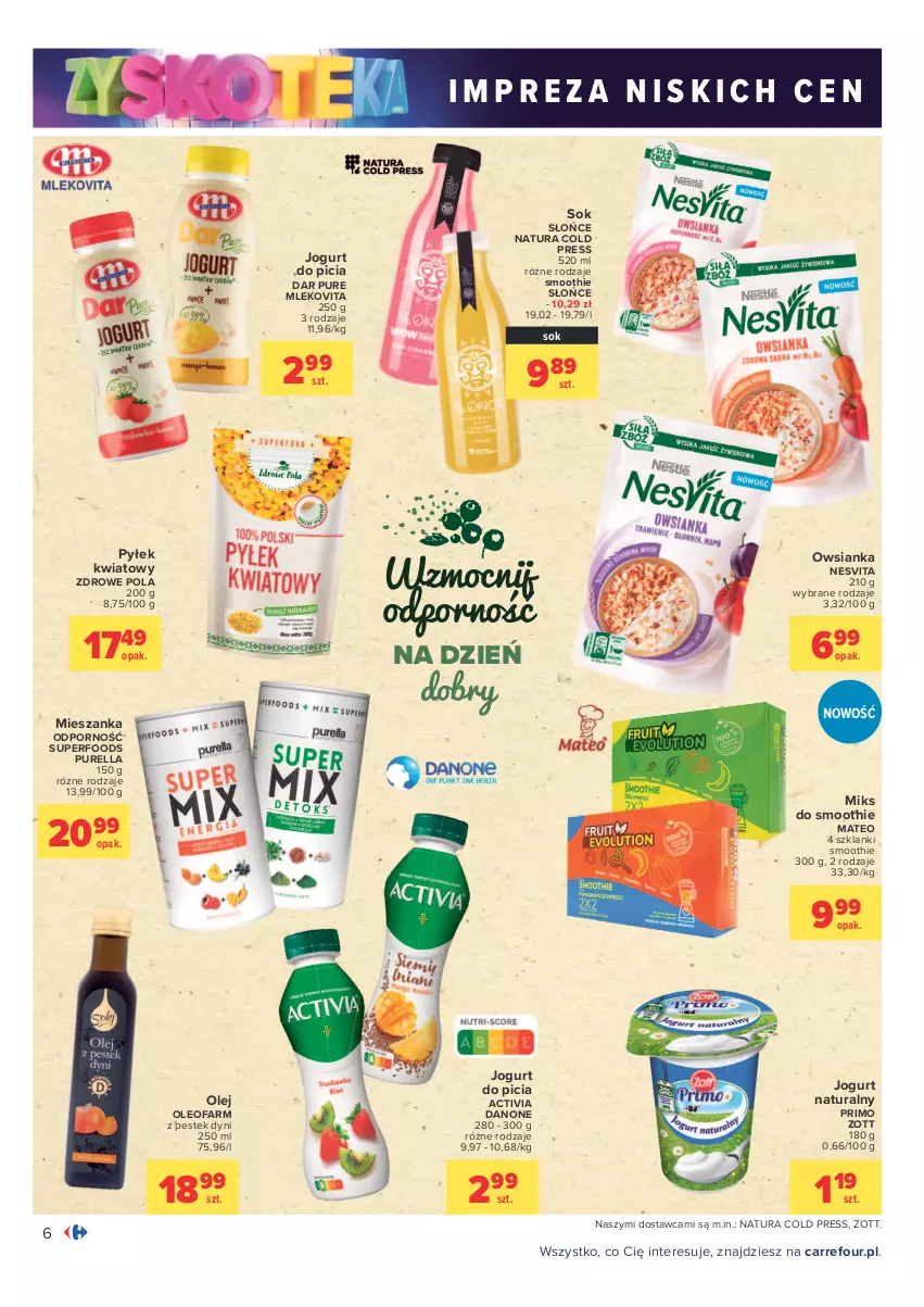 Gazetka promocyjna Carrefour - Gazetka Carrefour Zyskoteka - ważna 26.10 do 07.11.2021 - strona 6 - produkty: Activia, Danone, Fa, Jogurt, Jogurt naturalny, Lanki, Mleko, Mlekovita, Olej, Oleo, Oleofarm, Owsianka, Por, Pur, Smoothie, Sok, Stek, Zott