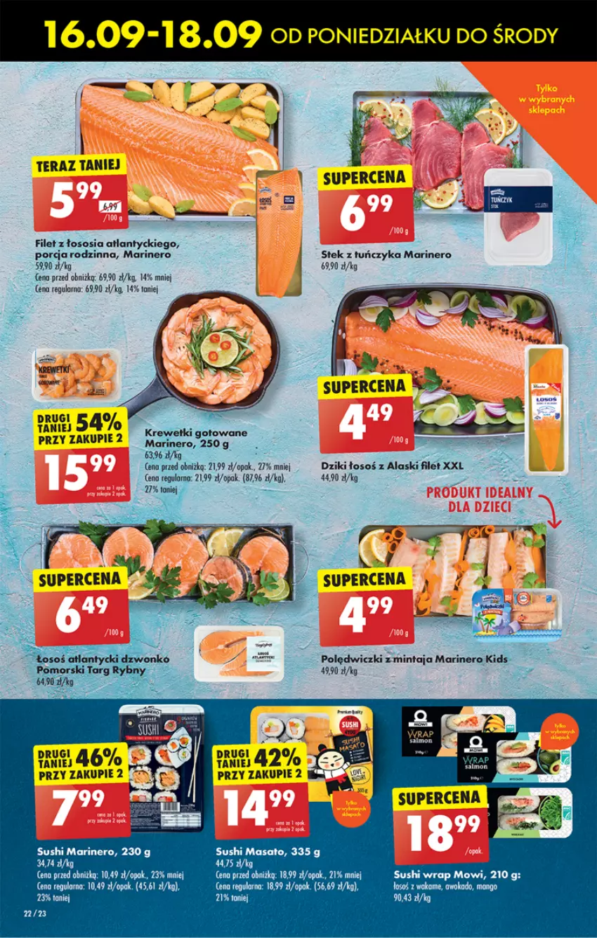 Gazetka promocyjna Biedronka - Od poniedzialku - ważna 16.09 do 21.09.2024 - strona 30 - produkty: Krewetki, Mango, Mintaj, Por, Sos, Stek, Sushi, Tera, Tuńczyk