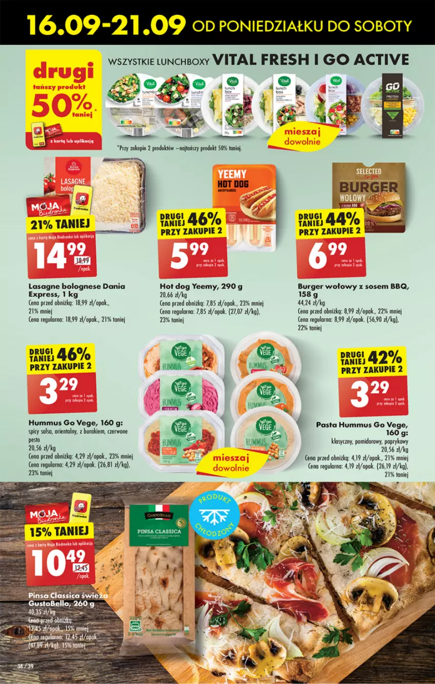 Gazetka promocyjna Biedronka - Od poniedzialku - ważna 16.09 do 21.09.2024 - strona 48 - produkty: Burger, Hot dog, Hummus, Lasagne, Lasagne bolognese, Mus, Sos