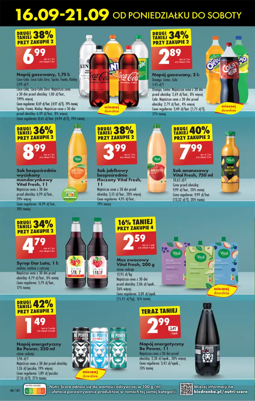 Gazetka promocyjna Biedronka - Od poniedzialku - ważna 16.09 do 21.09.2024 - strona 58 - produkty: Ananas, Coca-Cola, Fa, Fanta, Mus, Napój, Napój energetyczny, Napój gazowany, Por, Sok, Sok jabłkowy, Sprite, Syrop, Tera