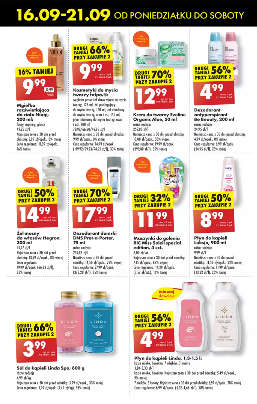 Gazetka promocyjna Biedronka - Od poniedzialku - ważna 16.09 do 21.09.2024 - strona 68 - produkty: Antyperspirant, Be Be, BIC, Dezodorant, Eveline, Fa, Hegron, Krem do twarzy, Luksja, Mleko, Niuqi, Olej, Peeling, Płyn do kąpieli, Por, Sól, Sól do kąpieli, Wełna