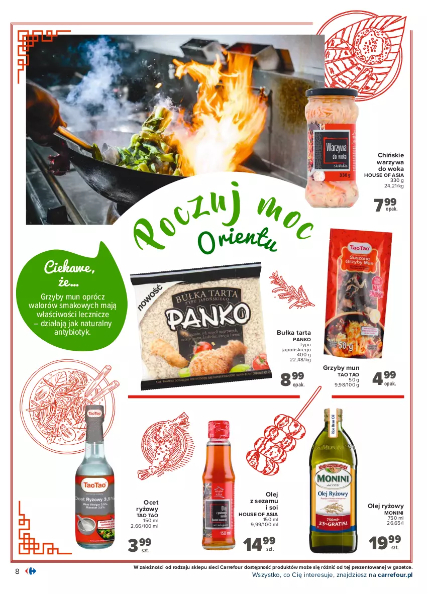 Gazetka promocyjna Carrefour - Gazetka Kuchnia azjatycka - ważna 02.08 do 14.08.2021 - strona 8 - produkty: Bułka, Bułka tarta, Grzyby, Grzyby mun, House of Asia, Monini, Ocet, Ocet ryżowy, Olej, Olej ryżowy, Ryż, Sezam, Tarta, Warzywa, Warzywa do woka, Znicz