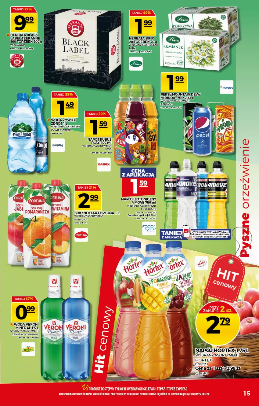 Gazetka promocyjna Topaz - Gazetka - ważna 22.04 do 28.04.2021 - strona 15 - produkty: 7up, Fortuna, Herbata, Hortex, Kubuś, Lack, Mirinda, Napój, Napój izotoniczny, Nektar, Pepsi, Sok, Teekanne, Top, Woda