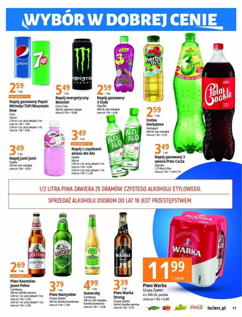 Gazetka promocyjna E Leclerc - ważna 29.08 do 11.09.2023 - strona 3 - produkty: 7up, Carlsberg, Coca-Cola, Gra, Herbapol, Kasztelan, Mirinda, Namysłów, Napój, Napój energetyczny, Napój gazowany, Pepsi, Piwa, Piwo, Warka