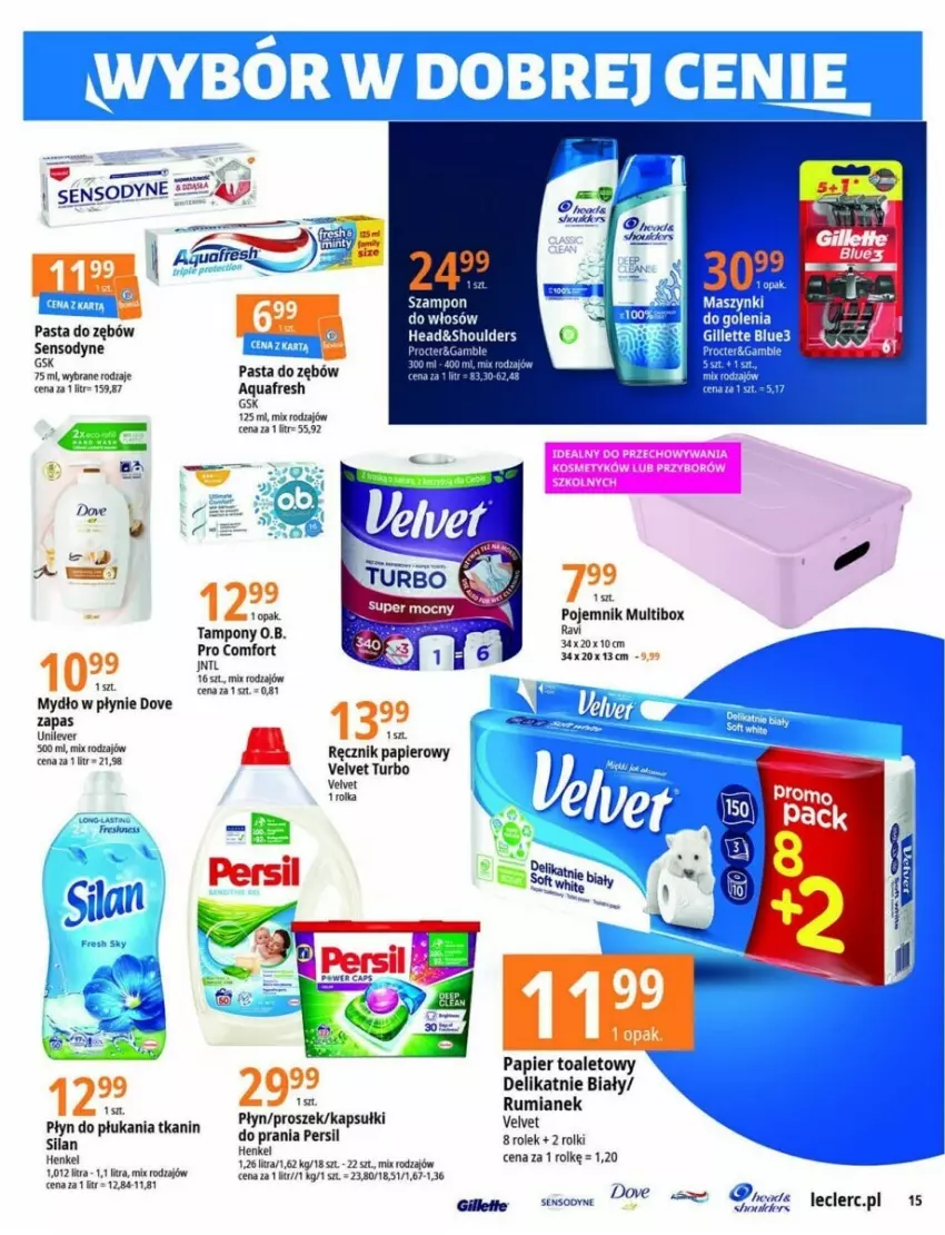 Gazetka promocyjna E Leclerc - ważna 29.08 do 11.09.2023 - strona 7 - produkty: Aquafresh, Dove, O.B., Papier, Papier toaletowy, Pasta do zębów, Persil, Płyn do płukania, Pojemnik, Ręcznik, Rolki, Rum, Sensodyne, Szampon, Tampony, Velvet