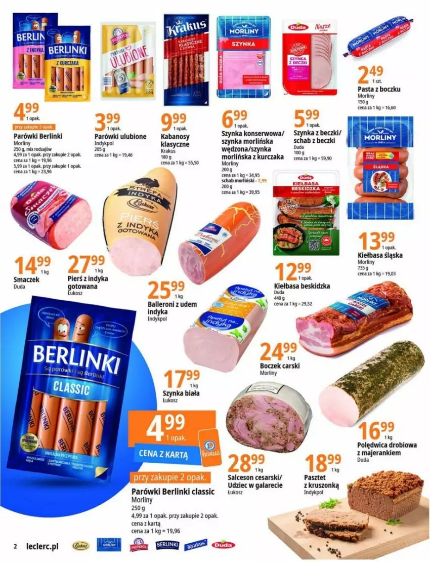 Gazetka promocyjna E Leclerc - ważna 29.08 do 11.09.2023 - strona 9 - produkty: Berlinki, Boczek, Cars, Duda, Fa, Gala, Kabanos, Kiełbasa, Kiełbasa śląska, Kosz, Krakus, Kurczak, Morliny, Parówki, Pasztet, Polędwica, Salceson, Ser, Szynka, Szynka biała, Szynka konserwowa, Szynka z beczki