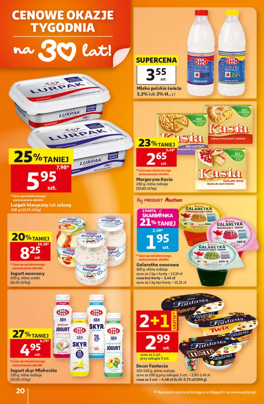 Gazetka promocyjna Auchan - Gazetka 30 Lat Hipermarket Auchan - ważna 06.08 do 12.08.2026 - strona 20 - produkty: Deser, Fa, Fanta, Gala, Galaretka, Gres, Jogurt, Jogurt owocowy, Kasia, Margaryna, Mleko, Mlekovita, Por, Ser