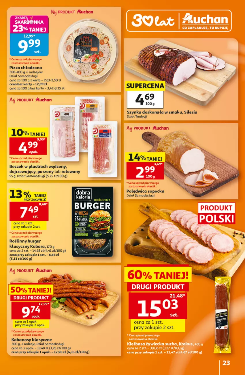 Gazetka promocyjna Auchan - Gazetka 30 Lat Hipermarket Auchan - ważna 06.08 do 12.08.2026 - strona 23 - produkty: Boczek, Burger, Kabanos, Pizza, Polędwica, Roślinny burger, Szynka