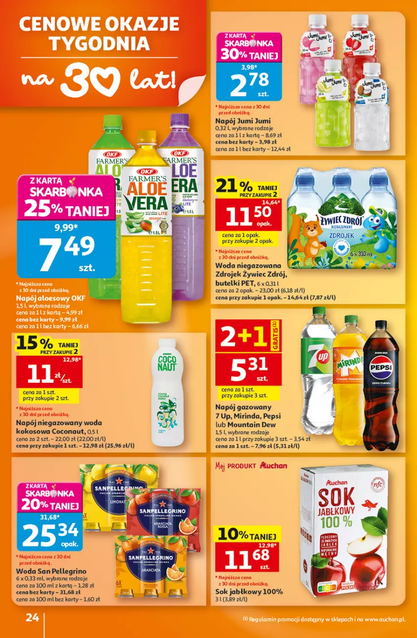 Gazetka promocyjna Auchan - Gazetka 30 Lat Hipermarket Auchan - ważna 06.08 do 12.08.2026 - strona 24 - produkty: Bell, Fa, Kokos, Mirinda, Napój, Napój gazowany, Napój niegazowany, Pepsi, Sok, Sok jabłkowy, Woda