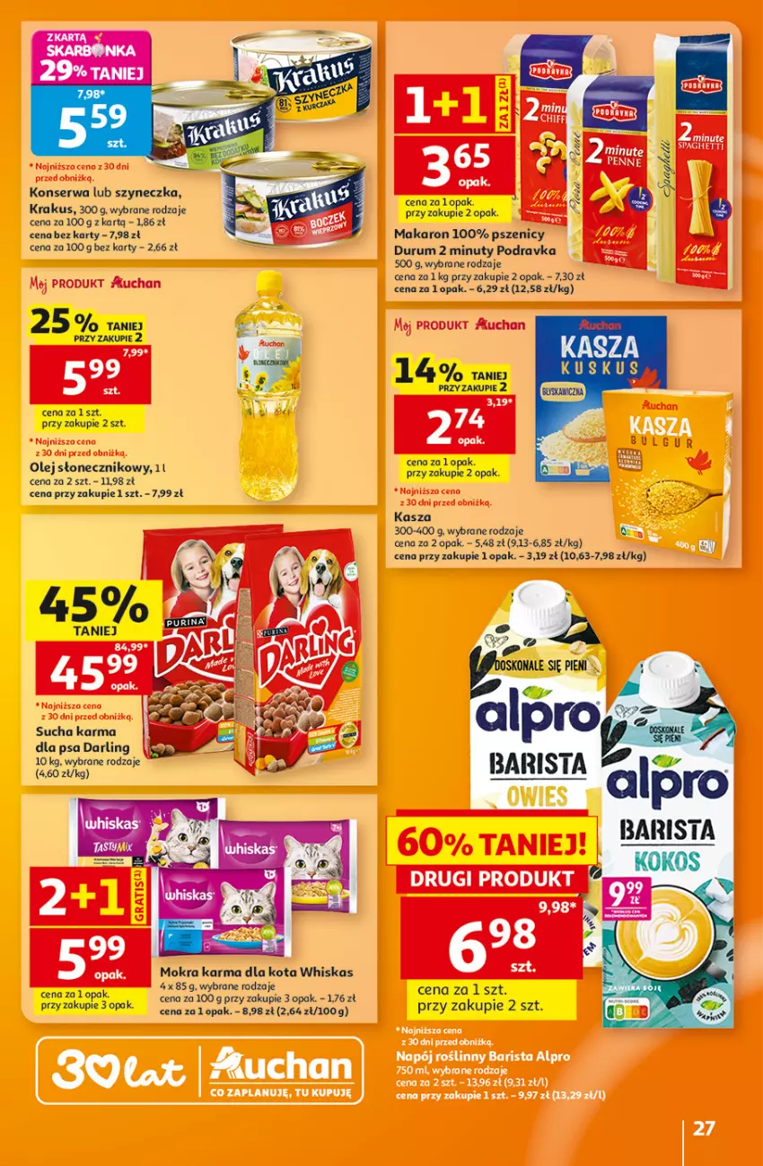 Gazetka promocyjna Auchan - Gazetka 30 Lat Hipermarket Auchan - ważna 06.08 do 12.08.2026 - strona 27 - produkty: Alpro, Kasza, Kokos, Krakus, LG, Makaron, Mokra karma, Nuty, Olej, Olej słonecznikowy, Podravka, Rum, Ser, Sucha karma, Whiskas