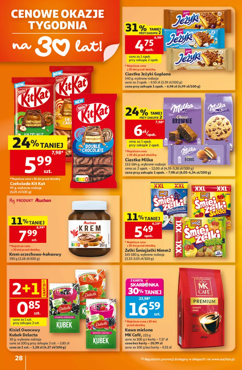 Gazetka promocyjna Auchan - Gazetka 30 Lat Hipermarket Auchan - ważna 06.08 do 12.08.2026 - strona 28 - produkty: Ciastka, Delecta, Goplana, Jeżyki, Kakao, Kawa, Kawa mielona, Kisiel, Kubek, LANA, Milka, Nimm2