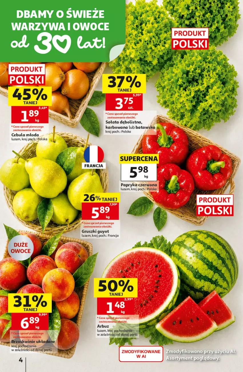Gazetka promocyjna Auchan - Gazetka 30 Lat Hipermarket Auchan - ważna 06.08 do 12.08.2026 - strona 4 - produkty: Arbuz, Cebula, Gruszki, LG, Owoce, Papryka, Papryka czerwona, Sałat, Warzywa, Warzywa i owoce