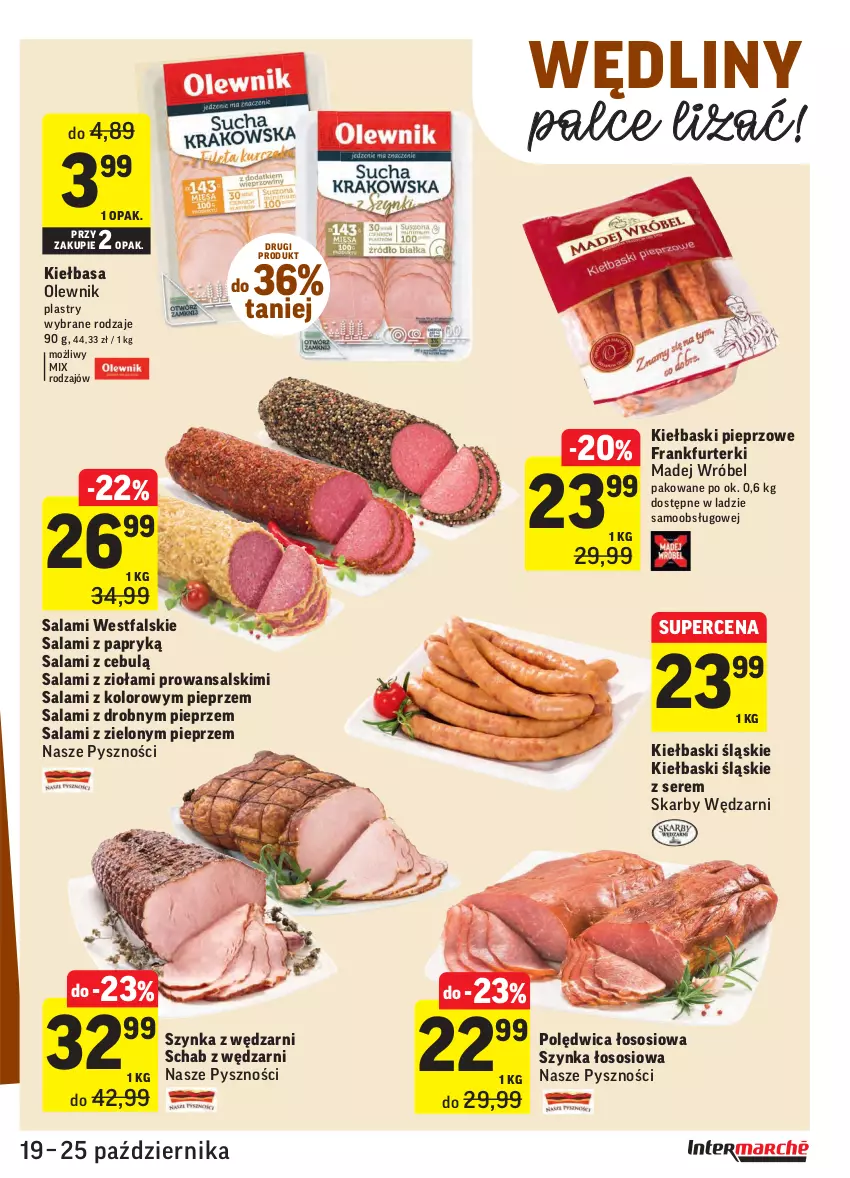 Gazetka promocyjna Intermarche - ważna 19.10 do 25.10.2021 - strona 15 - produkty: Fa, Frankfurterki, Kiełbasa, Kiełbaski pieprzowe, Kiełbaski śląskie, Madej Wróbel, Olewnik, Pieprz, Polędwica, Salami, Salami z papryką, Ser, Sos, Szynka