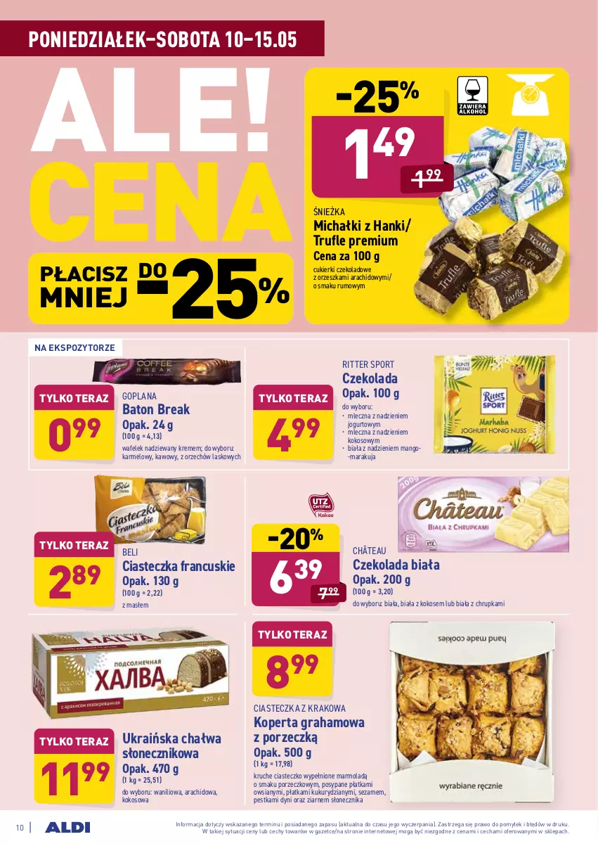 Gazetka promocyjna Aldi - ważna 10.05 do 15.05.2021 - strona 10 - produkty: Baton, Chałwa, Cukier, Cukierki, Cukierki czekoladowe, Czekolada, Goplana, Gra, Jogurt, Kokos, LANA, Mango, Michałki, Mola, Por, Ritter Sport, Rum, Sezam, Sport, Tera, Wafelek