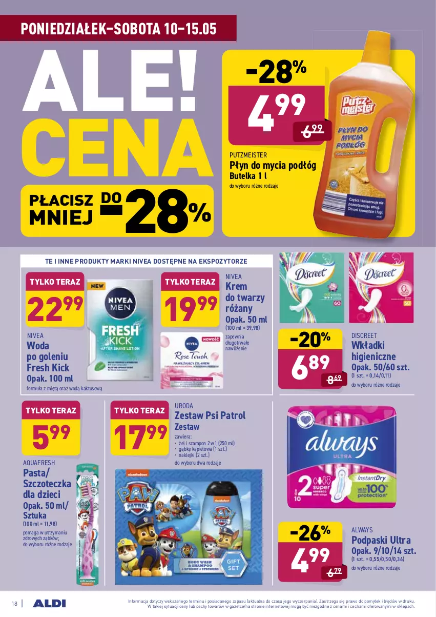 Gazetka promocyjna Aldi - ważna 10.05 do 15.05.2021 - strona 18 - produkty: Always, Aquafresh, Discreet, Dzieci, Kaktus, Klej, Krem do twarzy, Nivea, Płyn do mycia, Płyn do mycia podłóg, Podpaski, Psi Patrol, Putzmeister, Róża, Szampon, Szczoteczka, Tera, Wkładki, Woda, Woda po goleniu