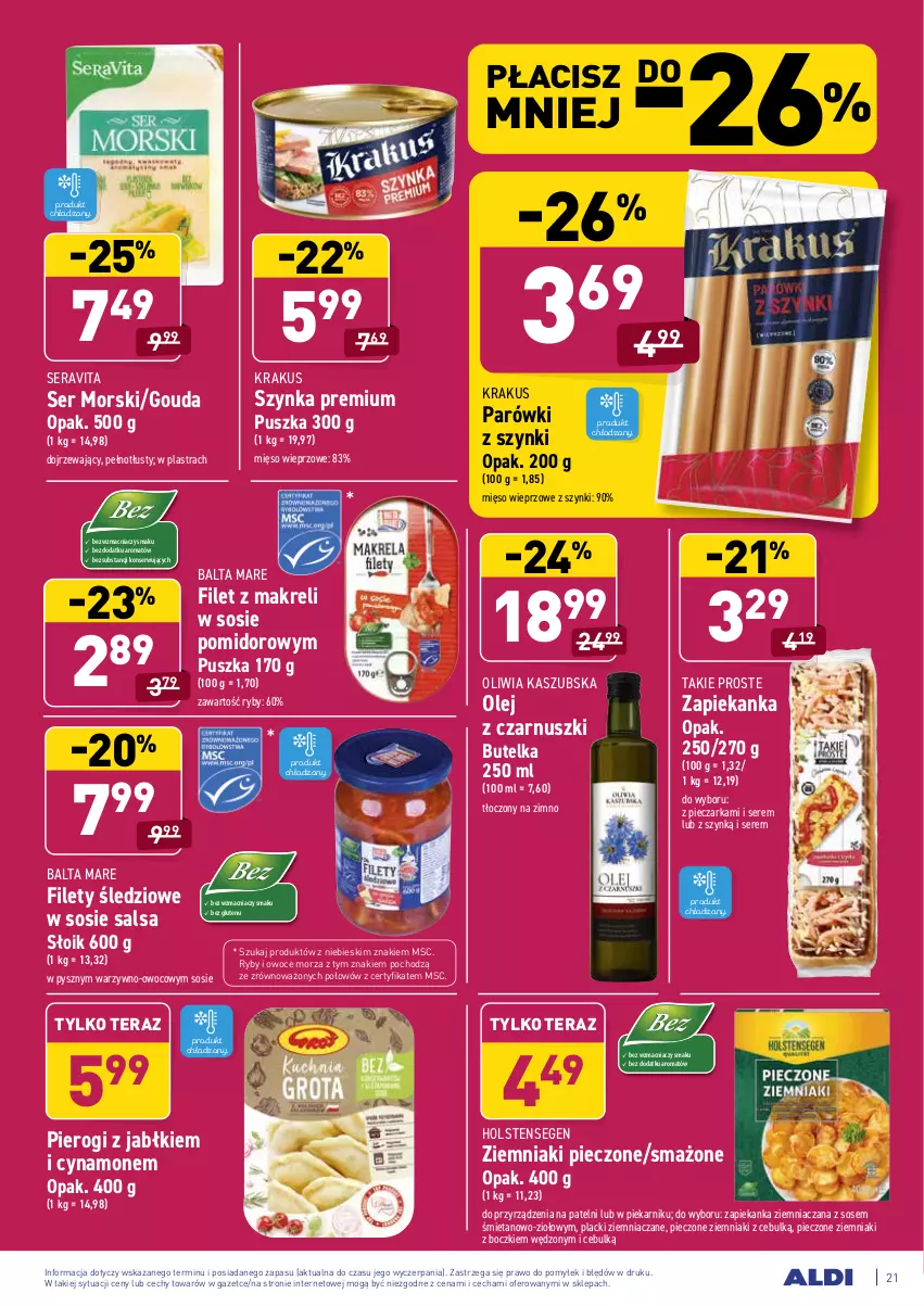 Gazetka promocyjna Aldi - ważna 10.05 do 15.05.2021 - strona 21 - produkty: Balta Mare, Filet z makreli, Gouda, Krakus, Lack, Mięso, Mięso wieprzowe, Olej, Olej z czarnuszki, Owoce, Owoce morza, Parówki, Parówki z szynki, Piec, Pieczarka, Pieczone ziemniaki, Piekarnik, Pierogi, Ryby i owoce morza, Salsa, Ser, Sos, Szynka, Szynka premium, Tera, Zapiekanka, Ziemniaki