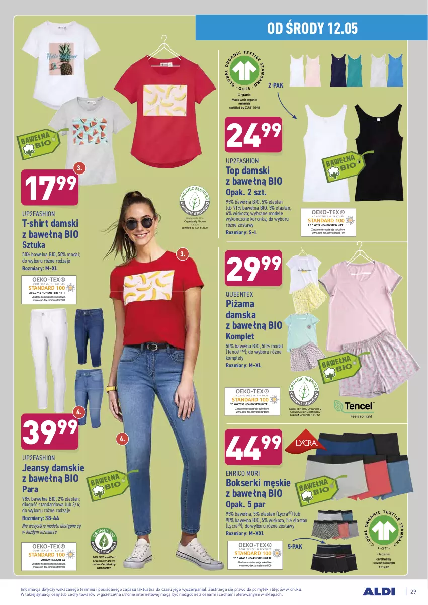 Gazetka promocyjna Aldi - ważna 10.05 do 15.05.2021 - strona 29 - produkty: Bokserki, Fa, Moda, Piżama, Queentex, Ser, T-shirt, Top, Wełna