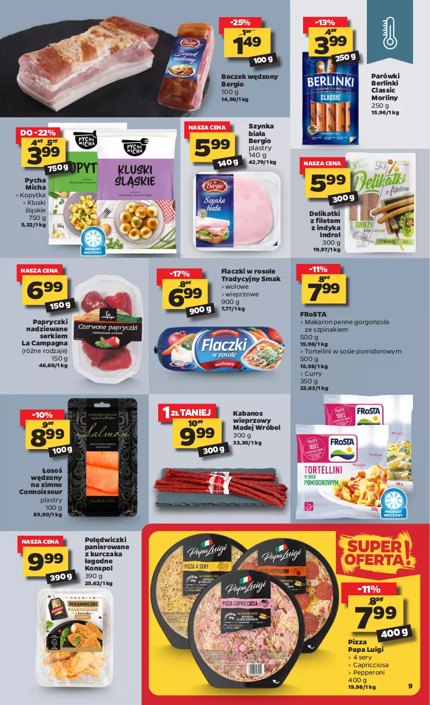 Gazetka promocyjna Netto - Oferta - ważna 25.01 do 31.01.2021 - strona 9 - produkty: Berlinki, Boczek, Frosta, Gorgonzola, Kabanos, Kopytka, Kurczak, Madej Wróbel, Makaron, Morliny, Papryczki nadziewane, Parówki, Penne, Pizza, Polędwiczki panierowane, Ser, Sos, Szpinak, Szynka, Szynka biała