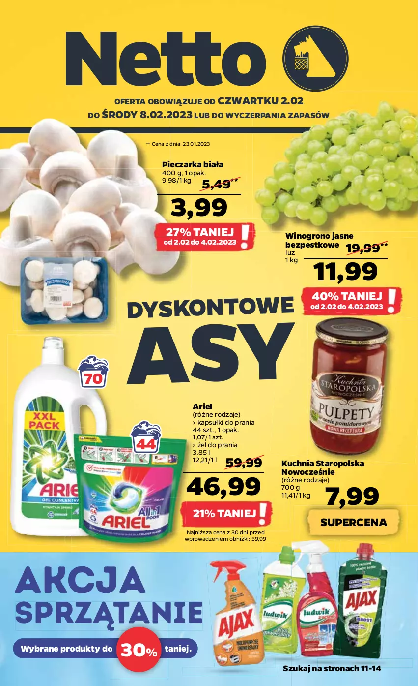 Gazetka promocyjna Netto - Artykuły spożywcze - ważna 02.02 do 08.02.2023 - strona 1 - produkty: Ariel, Kapsułki do prania, Kuchnia, Kuchnia Staropolska, Piec, Pieczarka, Sprzątanie, Wino