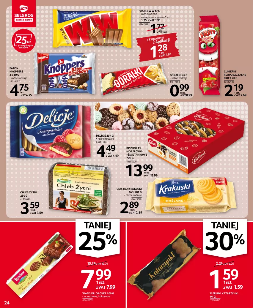 Gazetka promocyjna Selgros - Oferta spożywcza - ważna 22.09 do 05.10.2022 - strona 24 - produkty: Baton, Biszkopty, Chleb, Ciastka, Cukier, Cukierki, Delicje, Góralki, Knoppers, Kokos, Krakus, Krakuski, Piernik