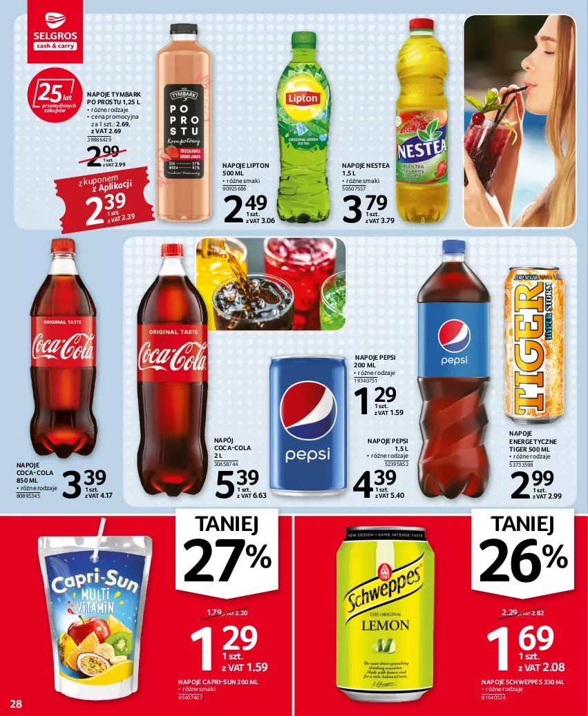 Gazetka promocyjna Selgros - Oferta spożywcza - ważna 22.09 do 05.10.2022 - strona 28 - produkty: Coca-Cola, Lipton, Napój, Napoje, Nestea, Pepsi, Schweppes, Tiger, Tymbark