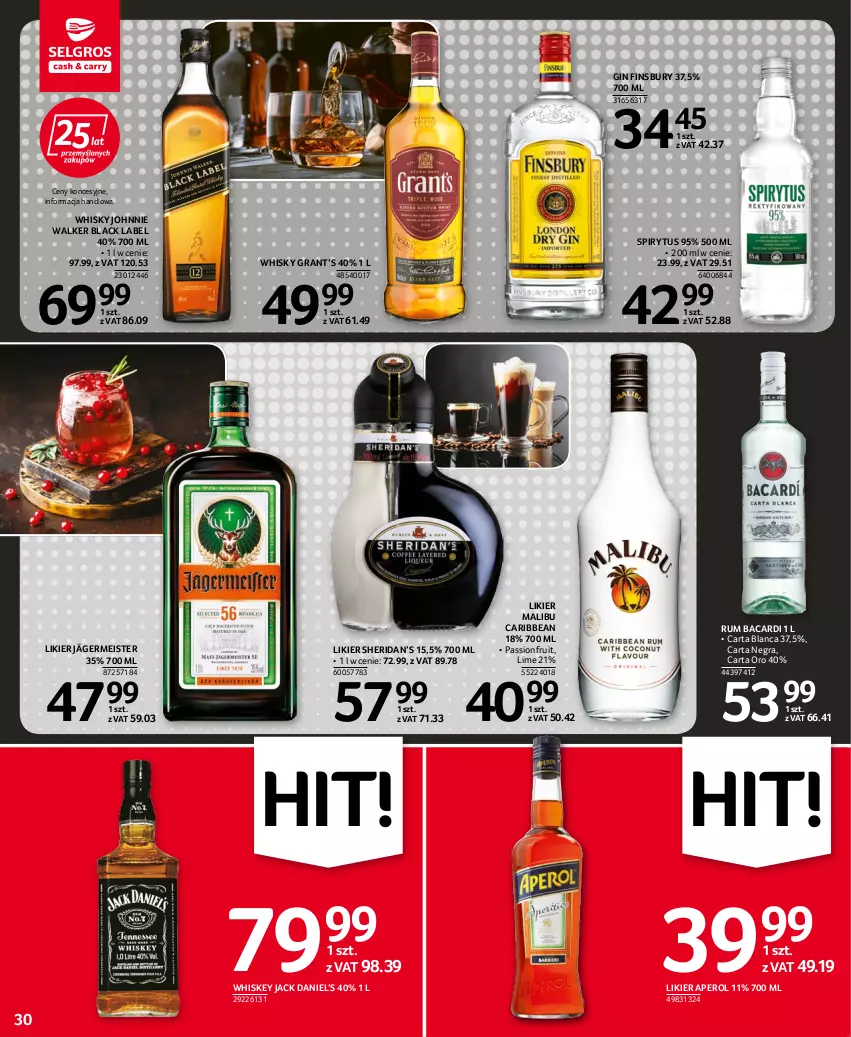 Gazetka promocyjna Selgros - Oferta spożywcza - ważna 22.09 do 05.10.2022 - strona 30 - produkty: Aperol, Bacardi, Gin, Gra, Johnnie Walker, Lack, Likier, Malibu, Rum, Whiskey, Whisky