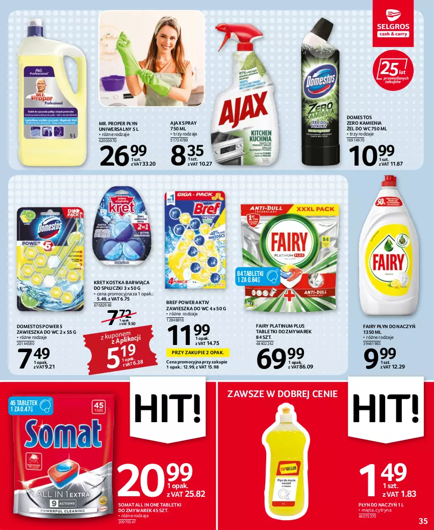 Gazetka promocyjna Selgros - Oferta spożywcza - ważna 22.09 do 05.10.2022 - strona 35 - produkty: Ajax, Bref, Domestos, Fa, Fairy, Kret, Mięta, Mr. Proper, Somat, Tablet, Zawieszka do wc