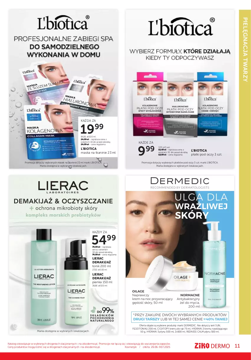 Gazetka promocyjna Ziko - Gazetka Ziko Dermo - ważna 26.06 do 09.07.2025 - strona 11 - produkty: Dermedic, Hydrain 2, L'Biotica, Lierac, Makijaż, Maska, Ser, Tonik, Top