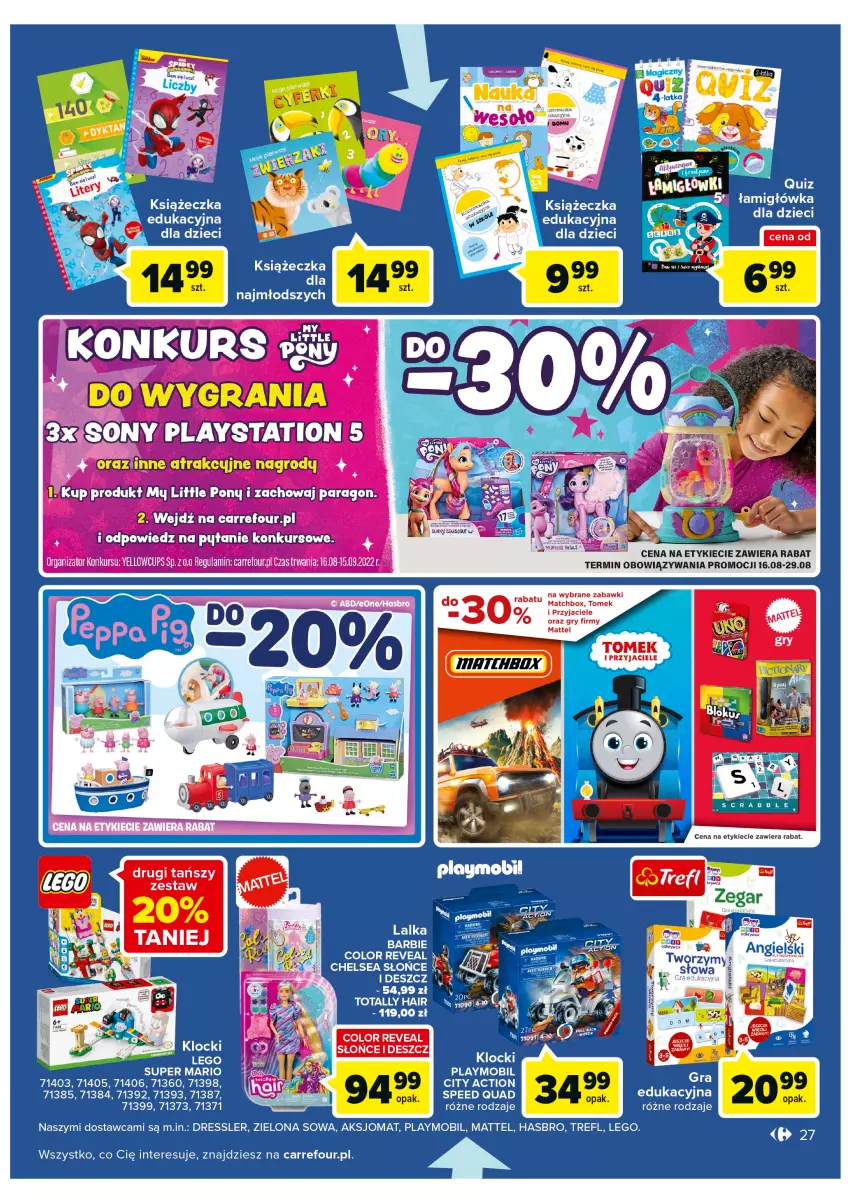 Gazetka promocyjna Carrefour - Gazetka Carrefour Bielany Wrocławskie - ważna 16.08 do 28.08.2022 - strona 27 - produkty: Barbie, Dres, Dzieci, Fa, Gry, Hasbro, Lalka, LEGO, Mattel, Mobil, My Little Pony, Playmobil, Quiz