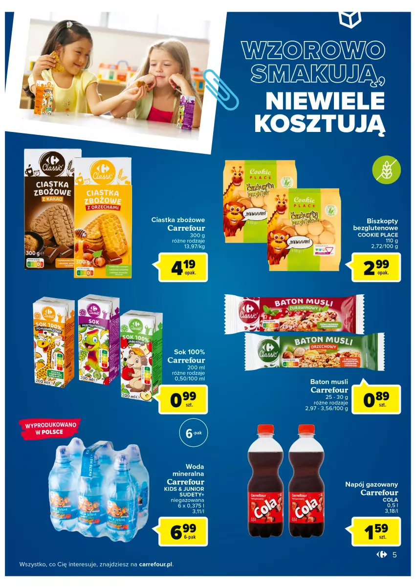 Gazetka promocyjna Carrefour - Gazetka Carrefour Bielany Wrocławskie - ważna 16.08 do 28.08.2022 - strona 5 - produkty: Baton, Biszkopty, Ciastka, Kosz, Mus, Napój, Napój gazowany, Woda