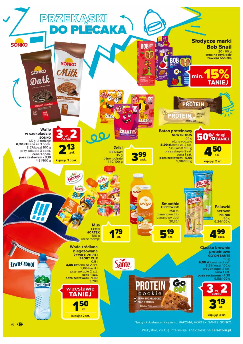 Gazetka promocyjna Carrefour - Gazetka Carrefour Bielany Wrocławskie - ważna 16.08 do 28.08.2022 - strona 6 - produkty: Bakoma, Baton, Brownie, Hortex, HP, Kosz, LANA, Leon, Plecak, Por, Sante, Ser, Smoothie, Sonko, Sport, Woda