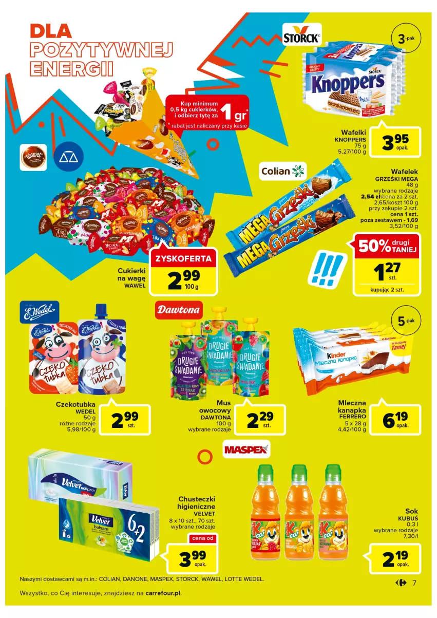 Gazetka promocyjna Carrefour - Gazetka Carrefour Bielany Wrocławskie - ważna 16.08 do 28.08.2022 - strona 7 - produkty: Chusteczki, Cukier, Cukierki, Danone, Dawtona, Ferrero, Grześki, Knoppers, Kosz, Sok, Velvet, Wafelek, Wawel