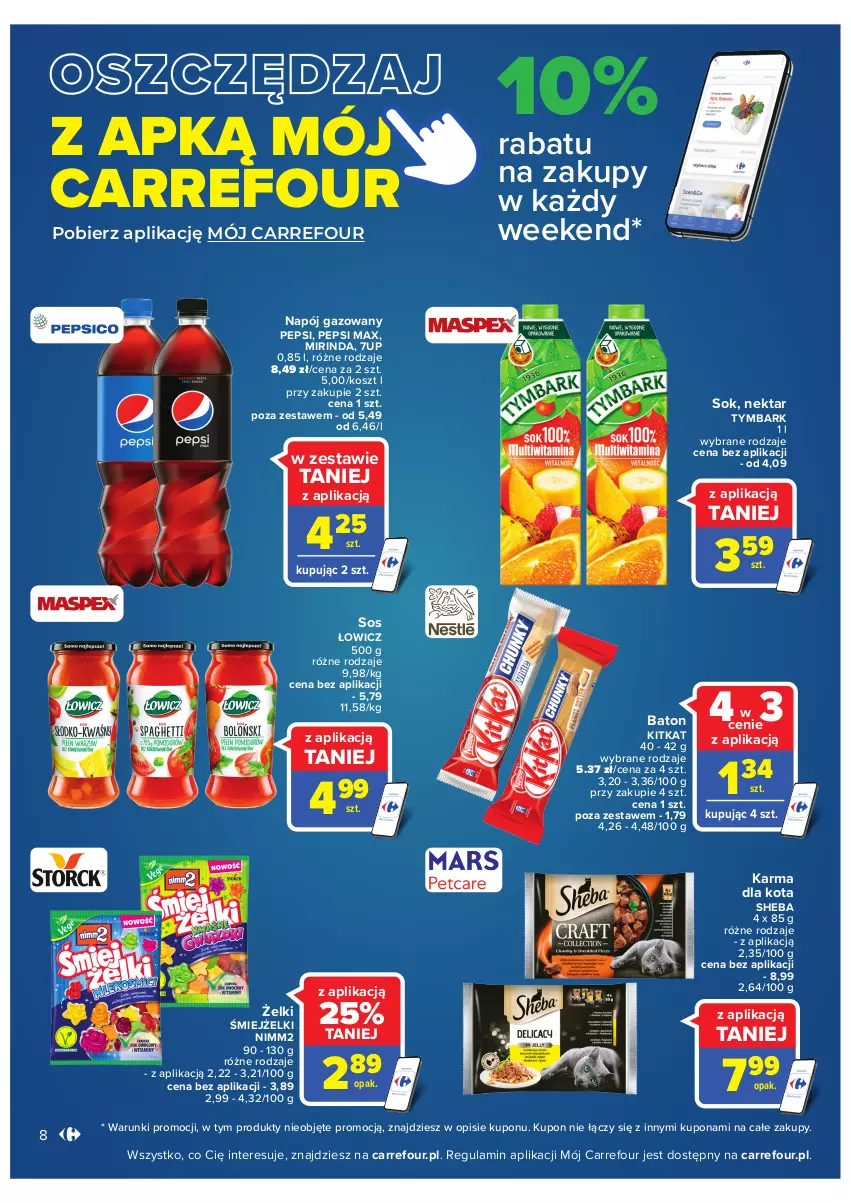 Gazetka promocyjna Carrefour - Gazetka Carrefour Bielany Wrocławskie - ważna 16.08 do 28.08.2022 - strona 8 - produkty: 7up, Baton, Kosz, Mirinda, Napój, Napój gazowany, Nektar, Nimm2, Pepsi, Pepsi max, Sheba, Sok, Sos, Tymbark