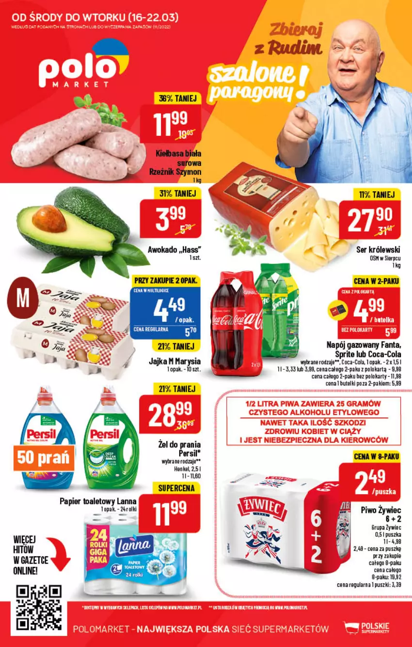 Gazetka promocyjna PoloMarket - Gazetka pomocyjna - ważna 16.03 do 22.03.2022 - strona 62 - produkty: Coca-Cola, Fa, Fanta, Kiełbasa, Kiełbasa biała, Królewski, Napój, Napój gazowany, Papier, Papier toaletowy, Persil, Piwo, Ser, Sprite