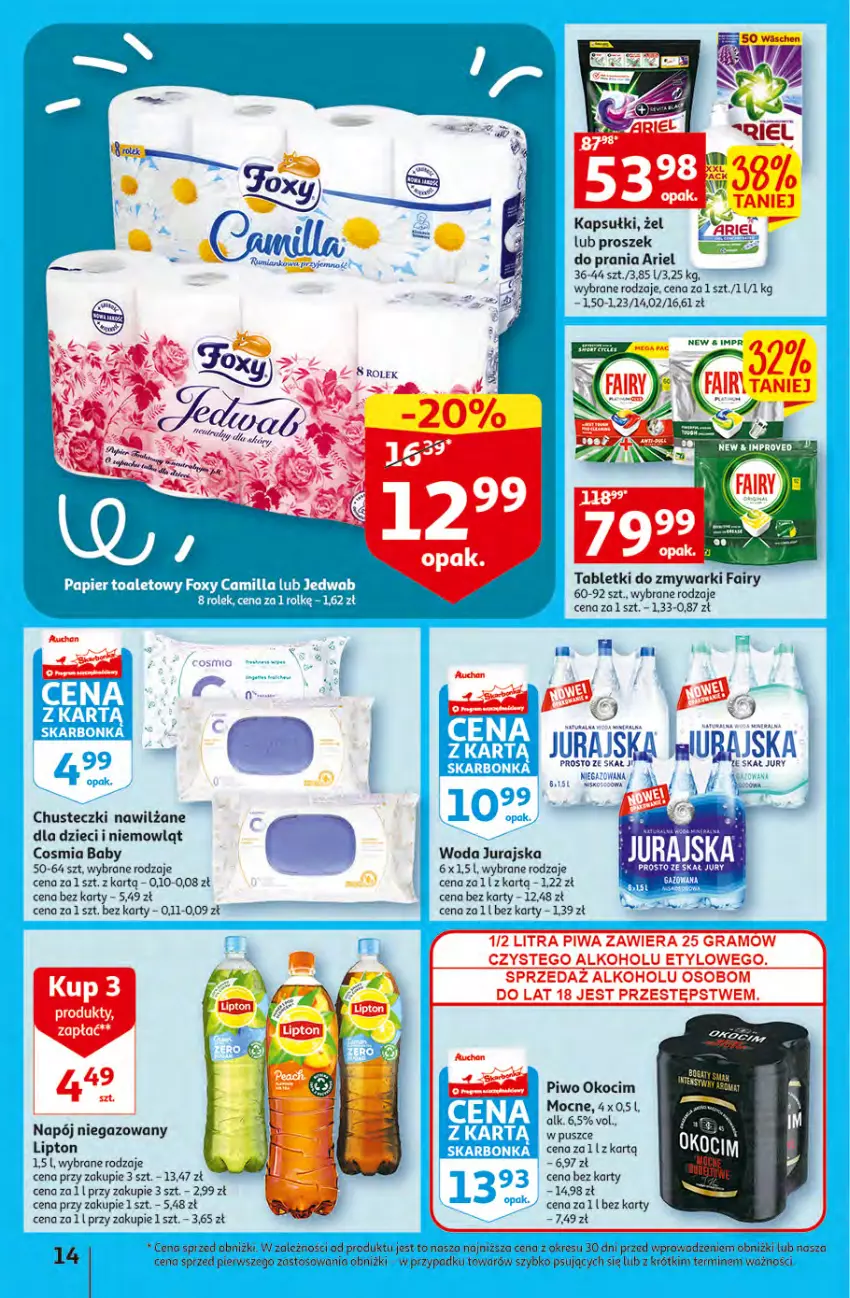 Gazetka promocyjna Auchan - Gazetka Rewelacje na Dzień Kobiet Hipermarket Auchan - ważna 02.03 do 08.03.2023 - strona 14 - produkty: Ariel, Chusteczki, Dzieci, Fa, Fairy, Gra, Koc, Lipton, Napój, Napój niegazowany, O nas, Okocim, Piwa, Piwo, Proszek do prania, Tablet, Tabletki do zmywarki, Tera, Woda, Zmywarki