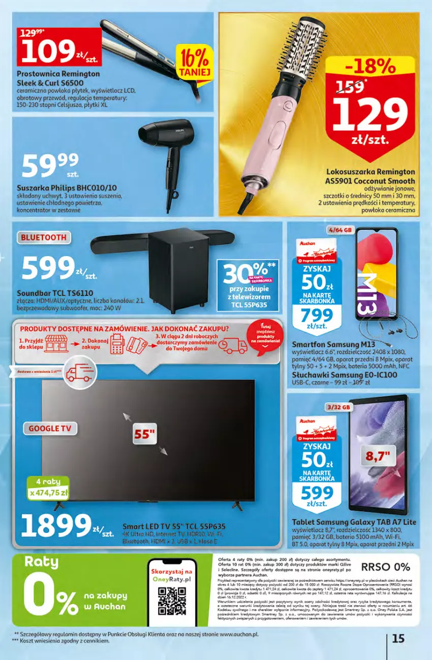 Gazetka promocyjna Auchan - Gazetka Rewelacje na Dzień Kobiet Hipermarket Auchan - ważna 02.03 do 08.03.2023 - strona 15 - produkty: Bateria, Fa, Gala, Gra, Kosz, LEGO, Philips, Przewód, Remington, Samsung, Słuchawki, Smartfon, Soundbar, Subwoofer, Suszarka, Tablet, Top