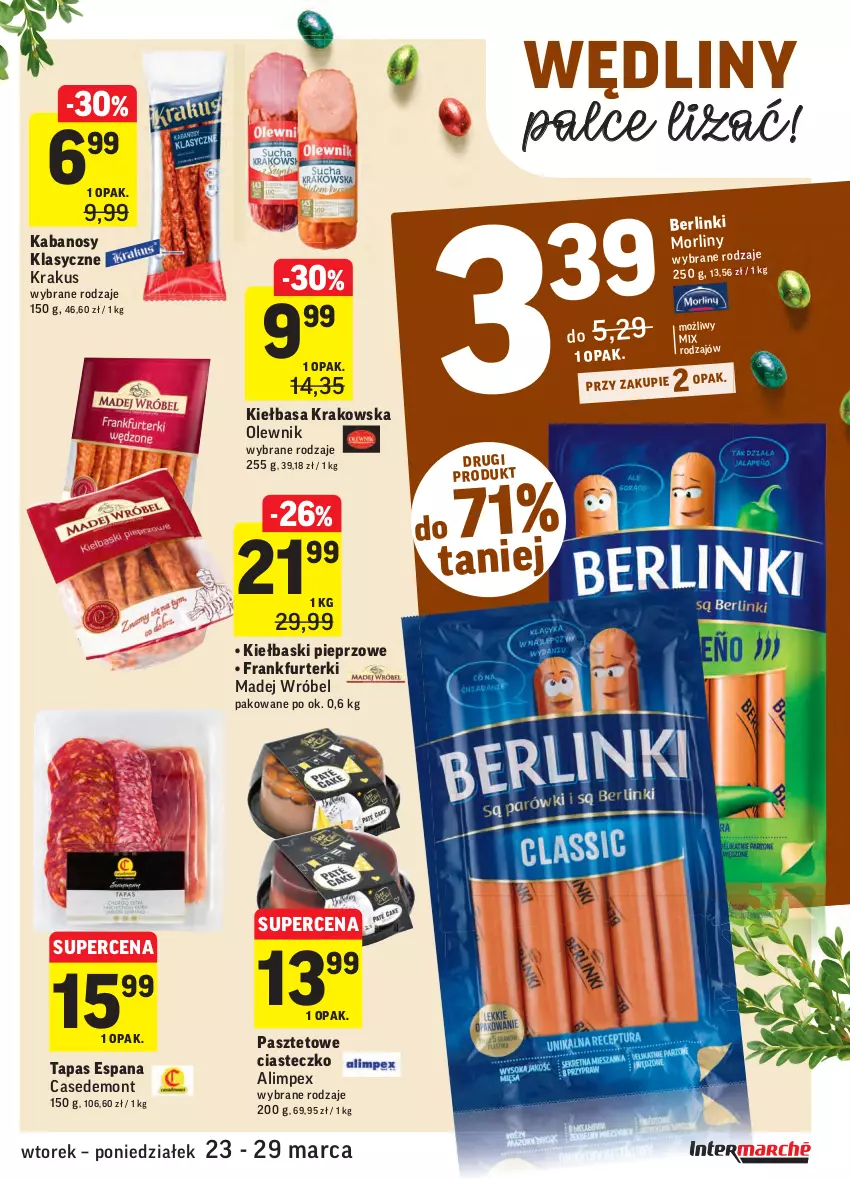 Gazetka promocyjna Intermarche - Wielkanoc - ważna 23.03 do 29.03.2021 - strona 9 - produkty: Berlinki, Frankfurterki, Kabanos, Kiełbasa, Kiełbasa krakowska, Kiełbaski pieprzowe, Krakus, Madej Wróbel, Morliny, Olewnik, Pasztet, Pieprz