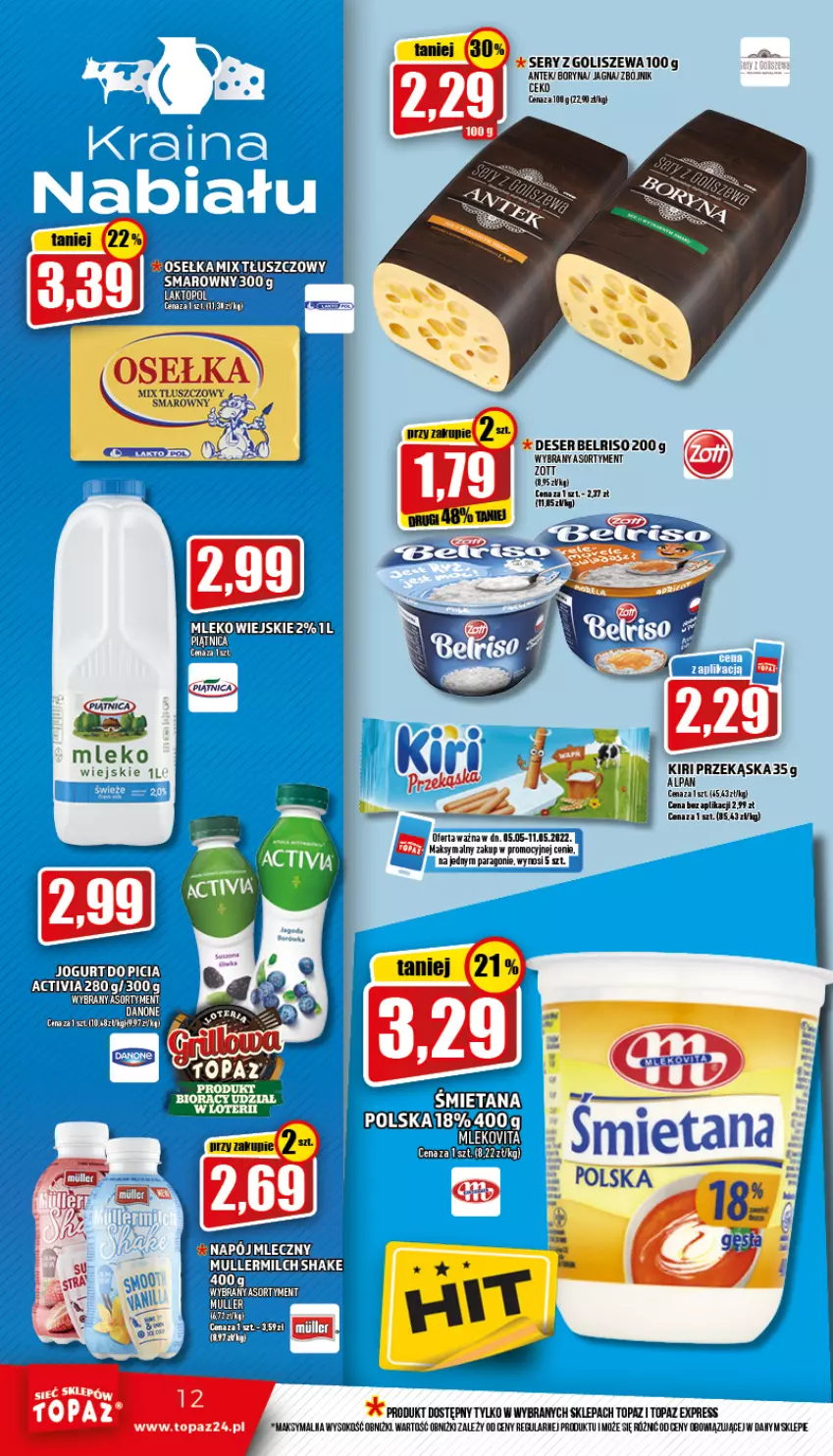 Gazetka promocyjna Topaz - Gazetka - ważna 05.05 do 11.05.2022 - strona 12 - produkty: Belriso, Deser, Mleko, Mlekovita, Piątnica, Ser, Sok, Top, Vita C