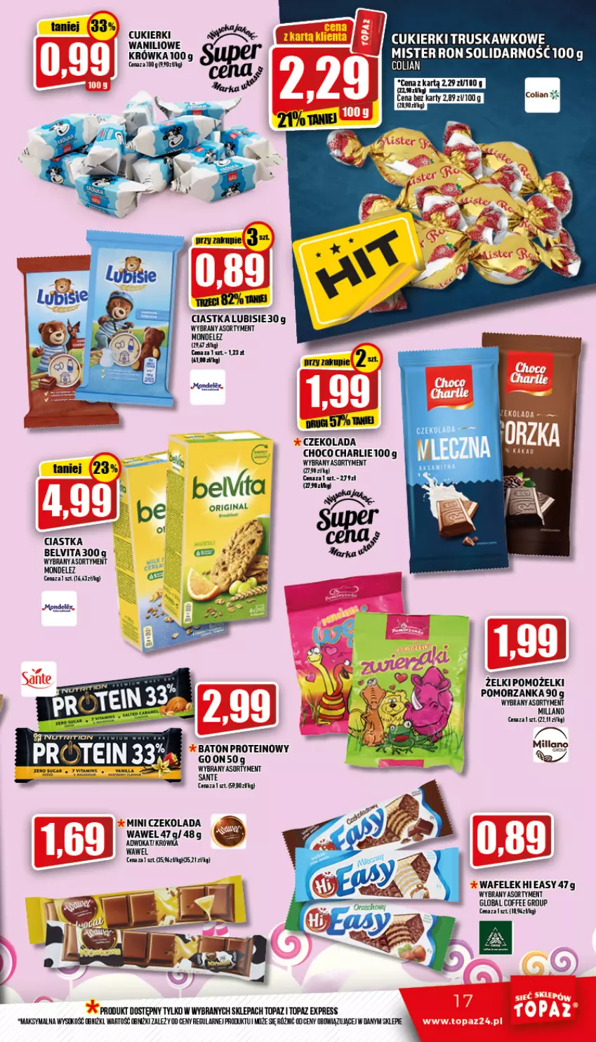 Gazetka promocyjna Topaz - Gazetka - ważna 05.05 do 11.05.2022 - strona 17 - produkty: Baton, BelVita, Ciastka, Cukier, Cukierki, Czekolada, Lubisie, Sante, Sok, Top, Wafelek, Wawel