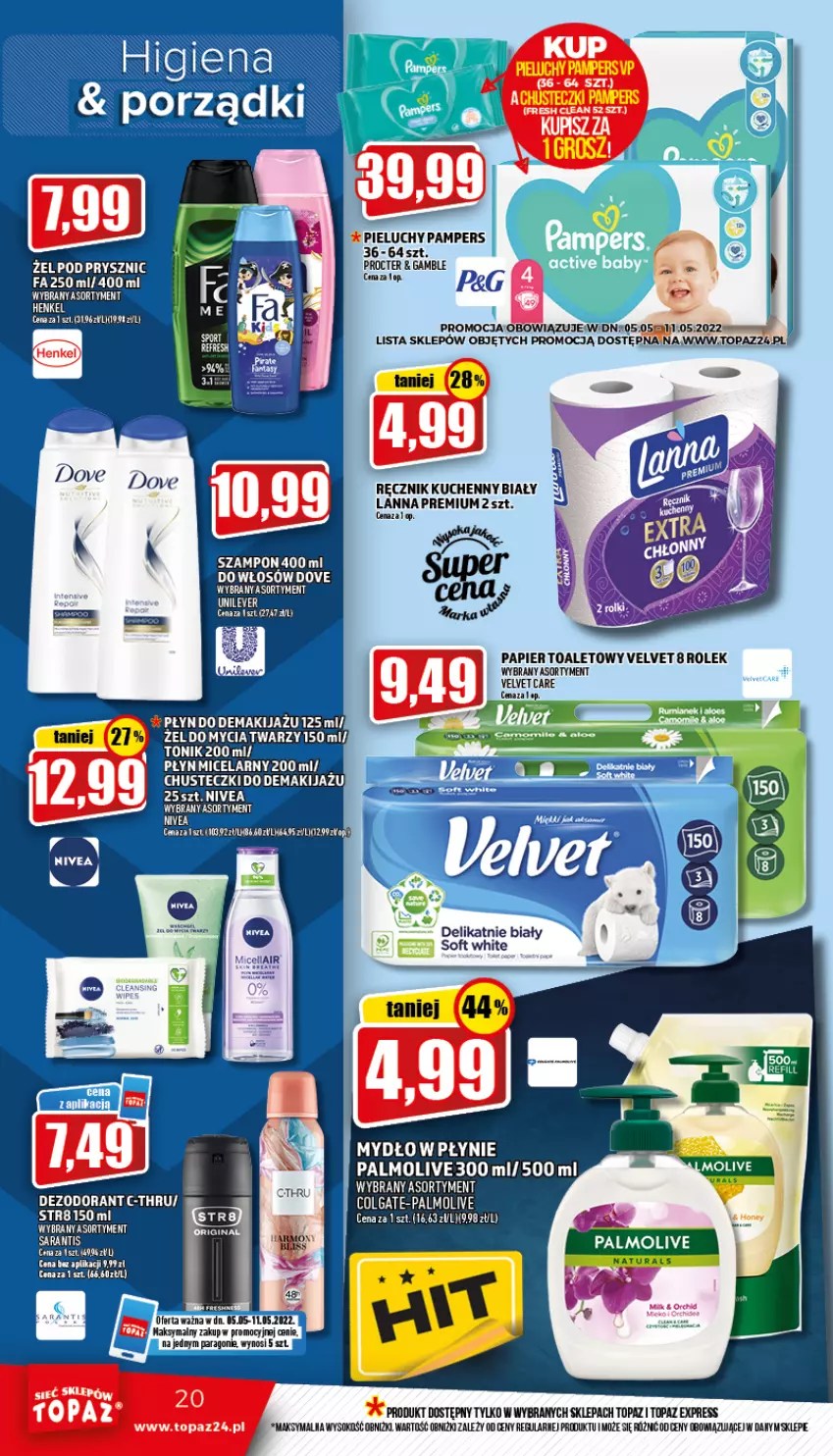 Gazetka promocyjna Topaz - Gazetka - ważna 05.05 do 11.05.2022 - strona 20 - produkty: LG, Palmolive, Pampers, Papier, Papier toaletowy, Pieluchy, Ręcznik, Ręcznik kuchenny, Sok, Top, Velvet