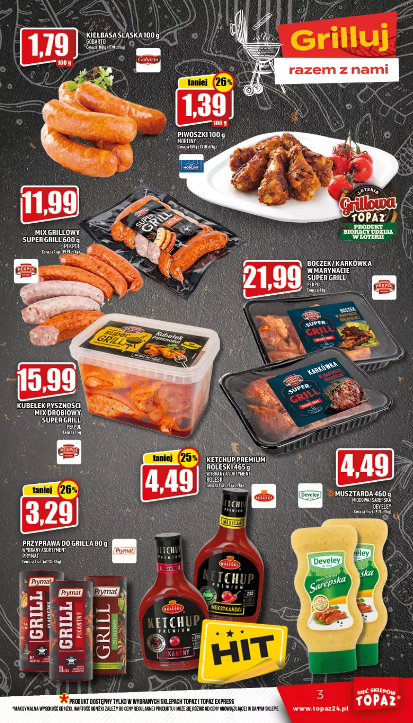 Gazetka promocyjna Topaz - Gazetka - ważna 05.05 do 11.05.2022 - strona 3 - produkty: Boczek, Grill, Kiełbasa, Kiełbasa śląska, Morliny, Mus, Musztarda, Sok, Top