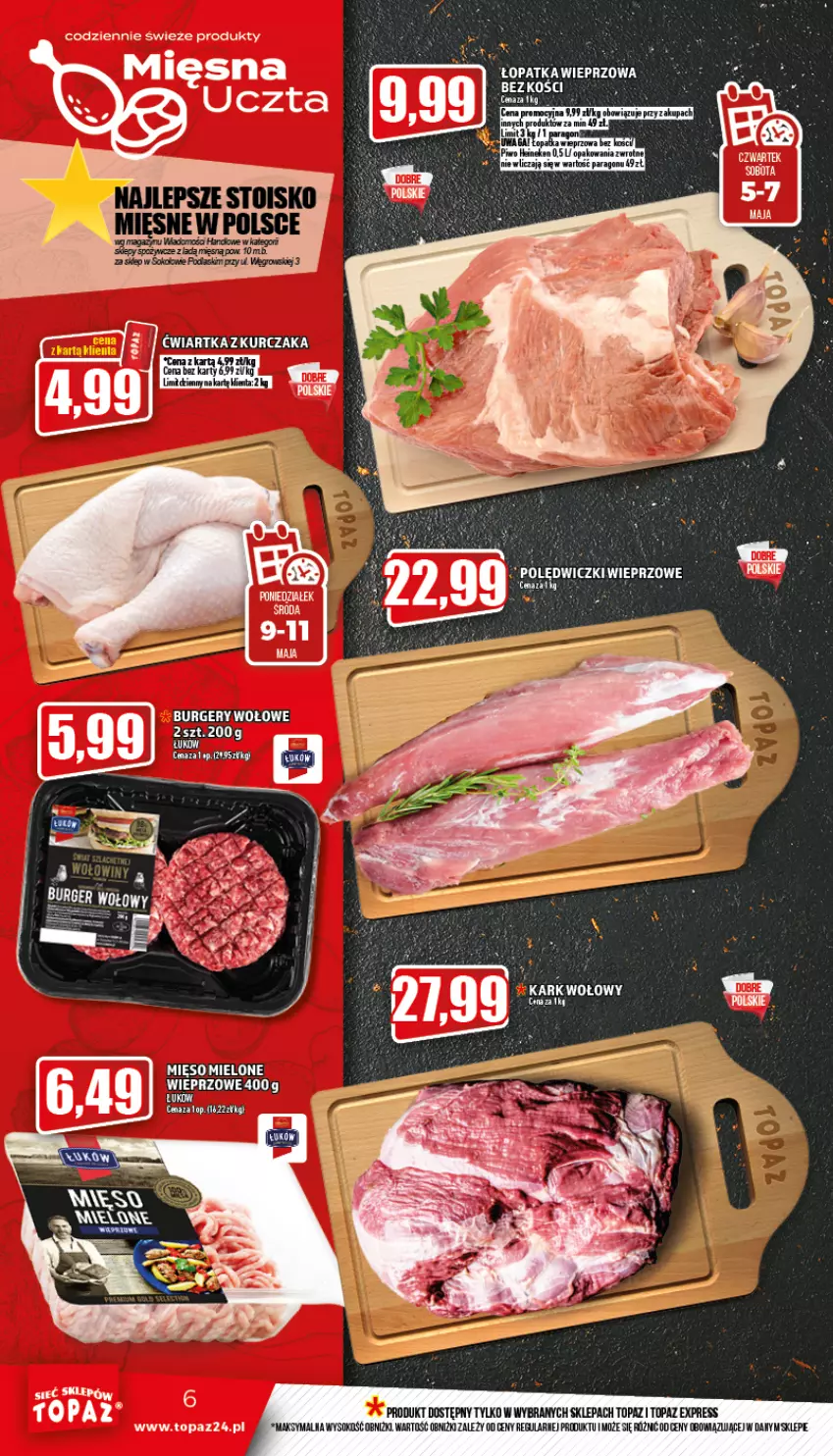 Gazetka promocyjna Topaz - Gazetka - ważna 05.05 do 11.05.2022 - strona 6 - produkty: Burger, Kurczak, LG, Mięso, Mięso mielone, Sok, Top