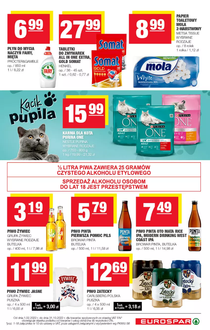 Gazetka promocyjna Spar - EuroSpar - ważna 04.10 do 14.10.2022 - strona 15 - produkty: Carlsberg, Fa, Fairy, Mola, Papier, Papier toaletowy, Piwo, Płyn do mycia, Pur, Purina, Sok, Somat, Tablet