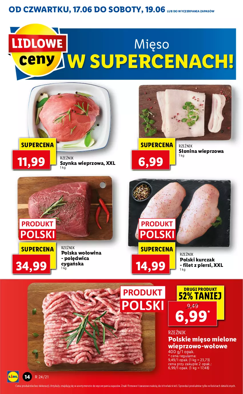 Gazetka promocyjna Lidl - GAZETKA - ważna 17.06 do 19.06.2021 - strona 14 - produkty: Kurczak, Mięso, Mięso mielone, Polędwica, Szynka, Szynka wieprzowa, Wołowina